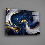 Midnight-blue and gold-vein cinematic glass wall art over walnut sideboard