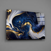Midnight-blue and gold-vein cinematic glass wall art over walnut sideboard