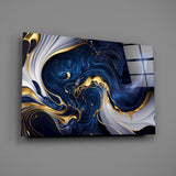 Elegant Gold Swirls on Midnight Blue Glass Wall Art