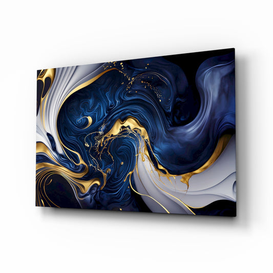 Navy gold marble fluid-art glass wall art above ivory boucle sofa in glamorous lounge