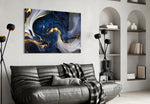 Sapphire-and-gold marble cinematic glass wall art in fashion-house entry