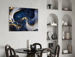 Indigo-marble cinematic luxury glass wall art in hotel lounge