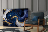 Navy-and-gold alcohol-ink glass wall art over modern dining table