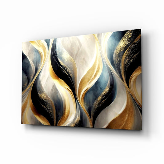 Onyx-and-gold flame swirl glass wall art above ivory boucle sofa in glamorous lounge