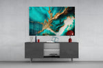 Alcohol-ink turquoise gold-leaf glass wall art in glamorous dining room