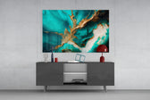 Alcohol-ink turquoise gold-leaf glass wall art in glamorous dining room