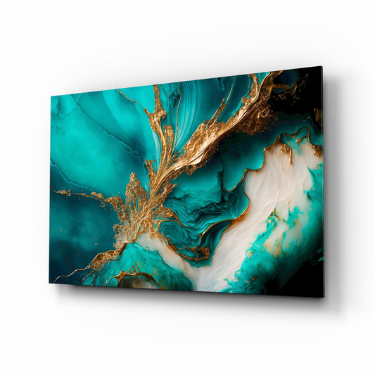Turquoise gold splash fluid-art glass wall art above ivory boucle sofa