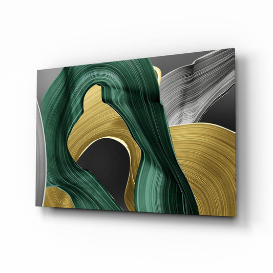 Emerald gold ribbon brushstroke glass wall art above linen sofa in glamorous lounge