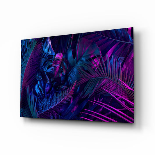 Neon jungle magenta cinematic glass wall art above black media console