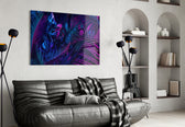 Magenta monstera cinematic glass wall art over master-bedroom headboard