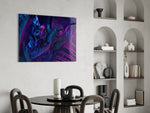 Cobalt-and-pink palm cinematic glass wall art in dramatic dining room