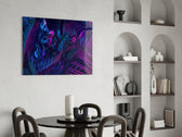 Cobalt-and-pink palm cinematic glass wall art in dramatic dining room