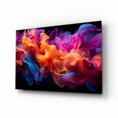 Colored smoke plume cinematic glass wall art above black media console