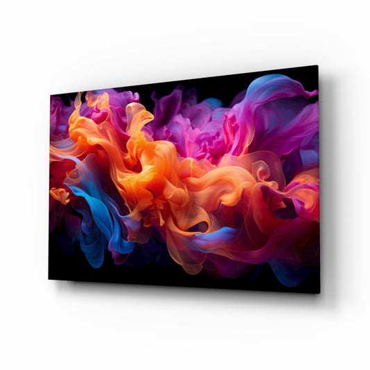 Colored smoke plume cinematic glass wall art above black media console