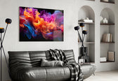 Vibrant smoke abstract glass wall art in dramatic lounge with brass accents