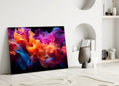 Magenta-and-cobalt smoke glass wall art over master-bedroom headboard