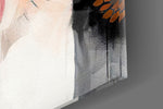 Mixed-media tangerine-disc abstract glass wall art in boutique cafe entry
