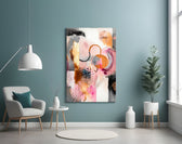 Soft-pink and charcoal cinematic glass wall art over master-bedroom headboard