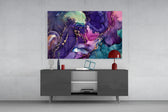 Magenta-and-teal marble cinematic glass wall art in designer office