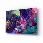 Purple gold marble fluid-art glass wall art above ivory boucle sofa