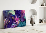 Violet-and-gold-vein marble glass wall art over master-bedroom headboard