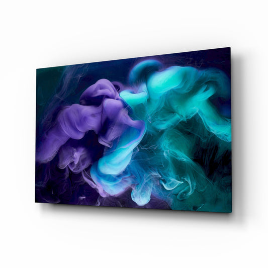 Violet aqua mystic vortex glass wall art above black media console
