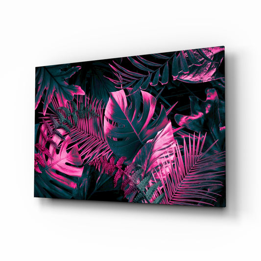 Tropical neon leaves magenta cinematic glass wall art above black media console