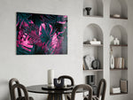 Magenta monstera cinematic glass wall art over master-bedroom headboard
