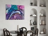 Cinematic amethyst-luxury splash glass wall art in hotel lounge