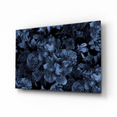 Midnight bloom indigo floral glass wall art above velvet headboard in glamorous bedroom