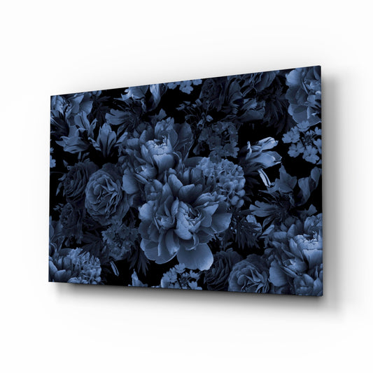 Midnight bloom indigo floral glass wall art above velvet headboard in glamorous bedroom