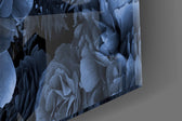 Indigo-on-black rose bouquet glass wall art in boutique-hotel suite