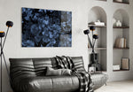 Nocturnal floral still-life glass wall art over linen sofa in designer lounge
