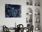 Vanitas indigo-bloom cinematic glass wall art in luxury powder-room
