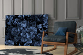 Black-ground peony cinematic glass wall art over modern bar cabinet