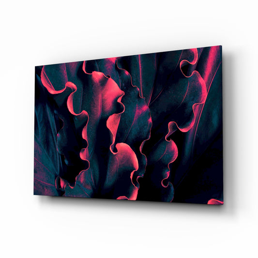 Coral-rim tropical leaves cinematic glass wall art above black media console