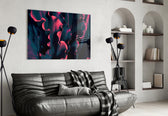 Coral spill-light leaf glass wall art over walnut bar cabinet