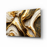 Ivory gold-vein marble cinematic glass wall art above ivory boucle sofa