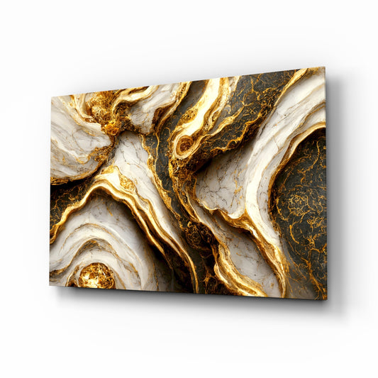 Ivory gold-vein marble cinematic glass wall art above ivory boucle sofa