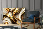 Gold-leaf ivory marble glass wall art over modern dining table