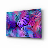 Tropical vibe neon foliage cinematic glass wall art above black media console
