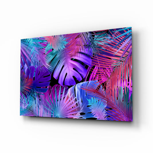 Tropical vibe neon foliage cinematic glass wall art above black media console