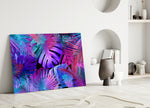 Tropical-modern blacklight foliage glass wall art in hospitality lounge entry