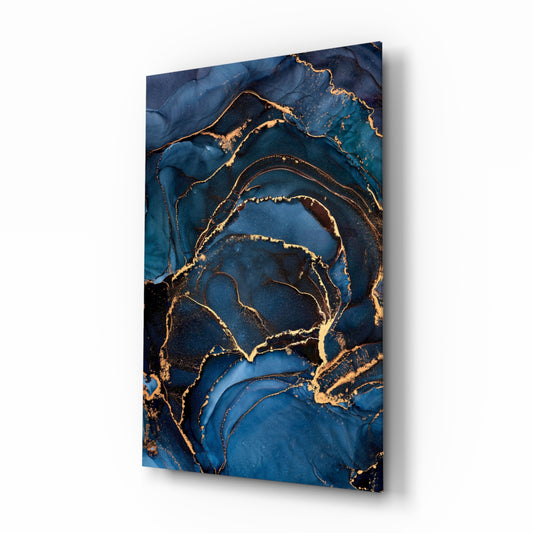 Navy blue gold vertical abstract glass wall art above walnut entry console