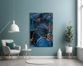 Couture vertical fluid-art glass wall art in fashion-house entry hallway