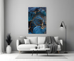 Navy-and-gold-vein cinematic glass wall art in boutique-hotel suite