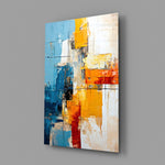 Rothko-style cinematic glass wall art over walnut console in creative office