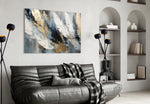 Three-feather impasto cinematic glass wall art in heritage hallway