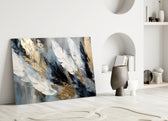 Antique-gold feather still-life glass wall art over linen sofa in designer lounge