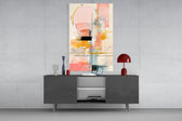 Pencil-line feminine abstract cinematic glass wall art in creative-studio dining nook